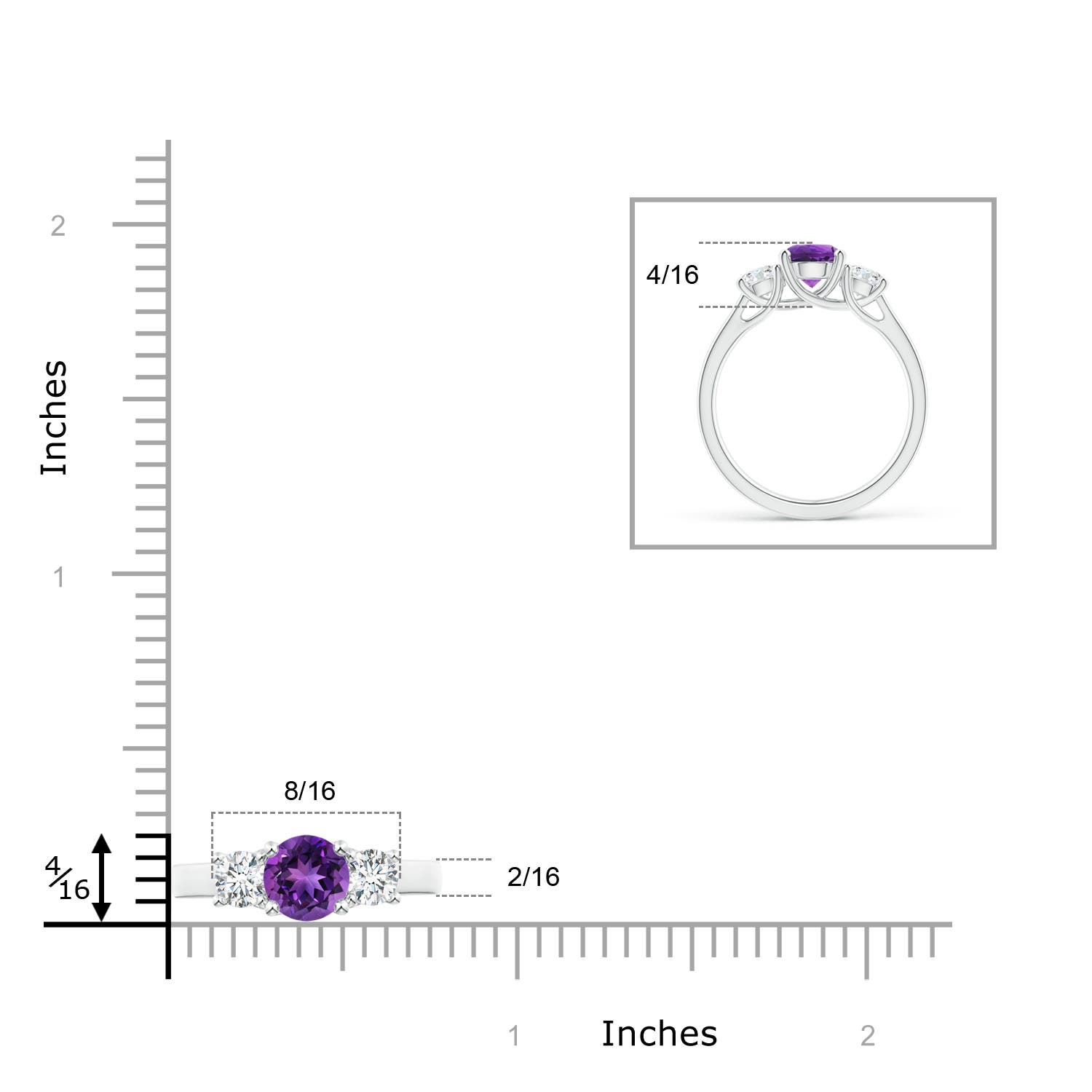 6mm AAAA Classic Round Amethyst and Diamond Three Stone Ring in P950 Platinum - ruler