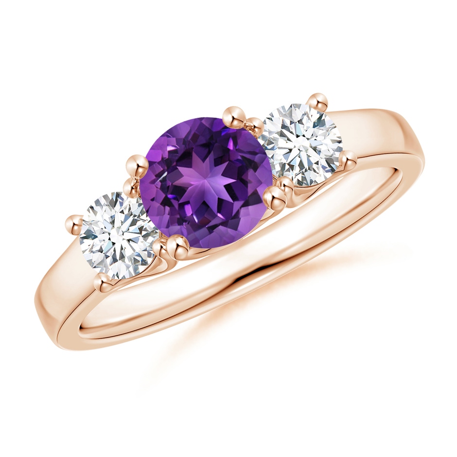 6mm AAAA Classic Round Amethyst and Diamond Three Stone Ring in Rose Gold 