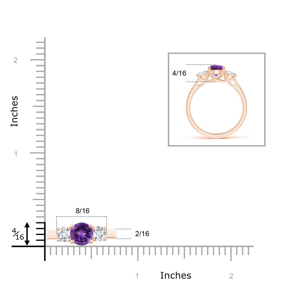 6mm AAAA Classic Round Amethyst and Diamond Three Stone Ring in Rose Gold ruler