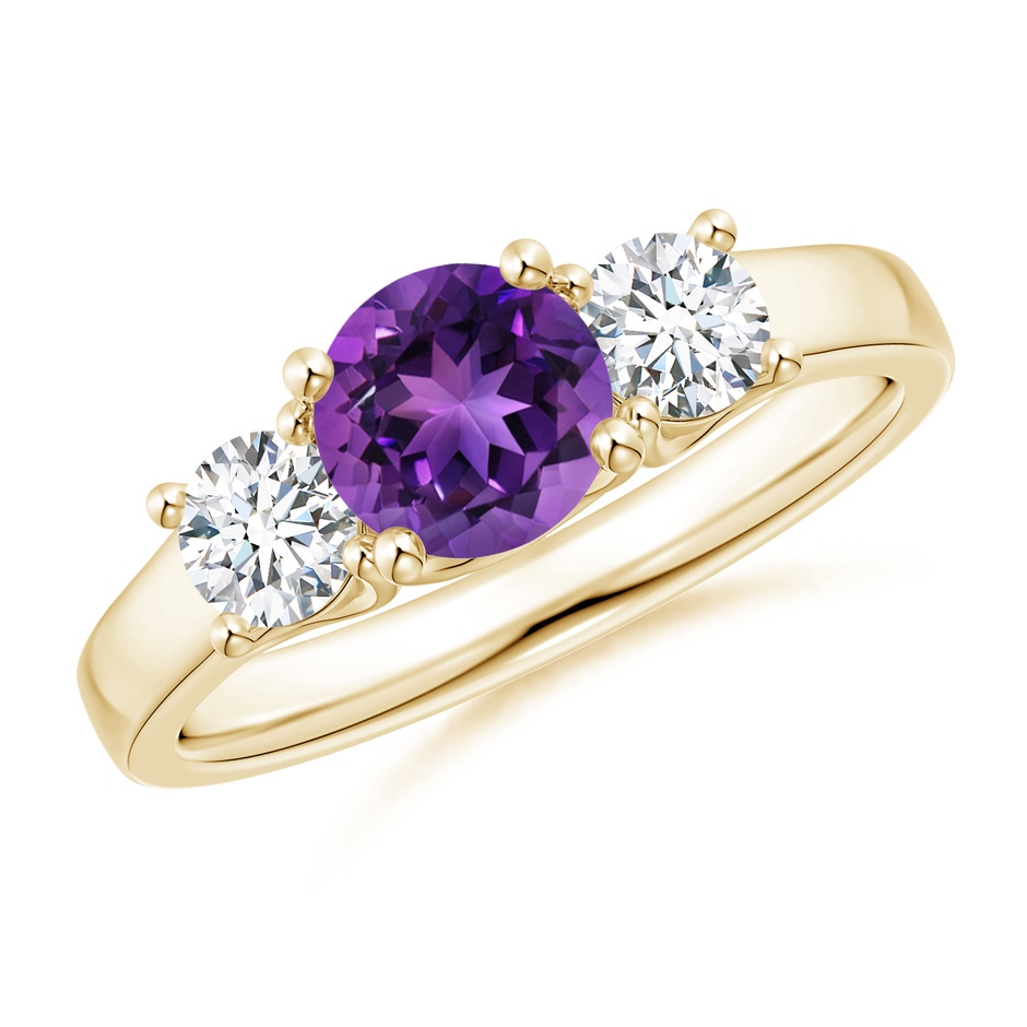 6mm AAAA Classic Round Amethyst and Diamond Three Stone Ring in Yellow Gold 