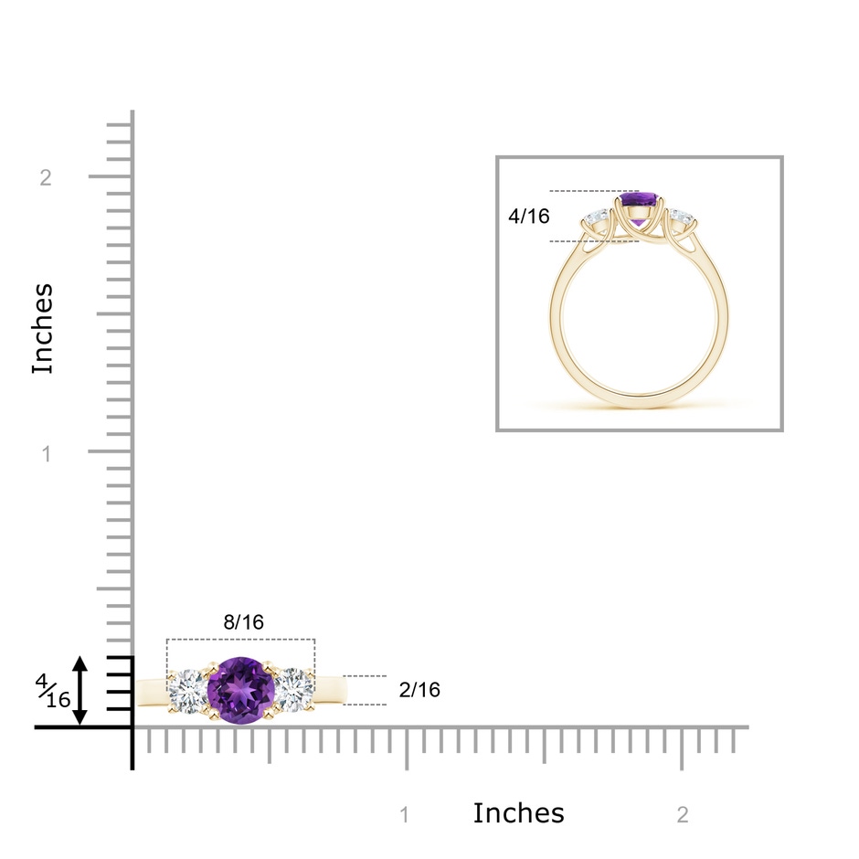 6mm AAAA Classic Round Amethyst and Diamond Three Stone Ring in Yellow Gold ruler