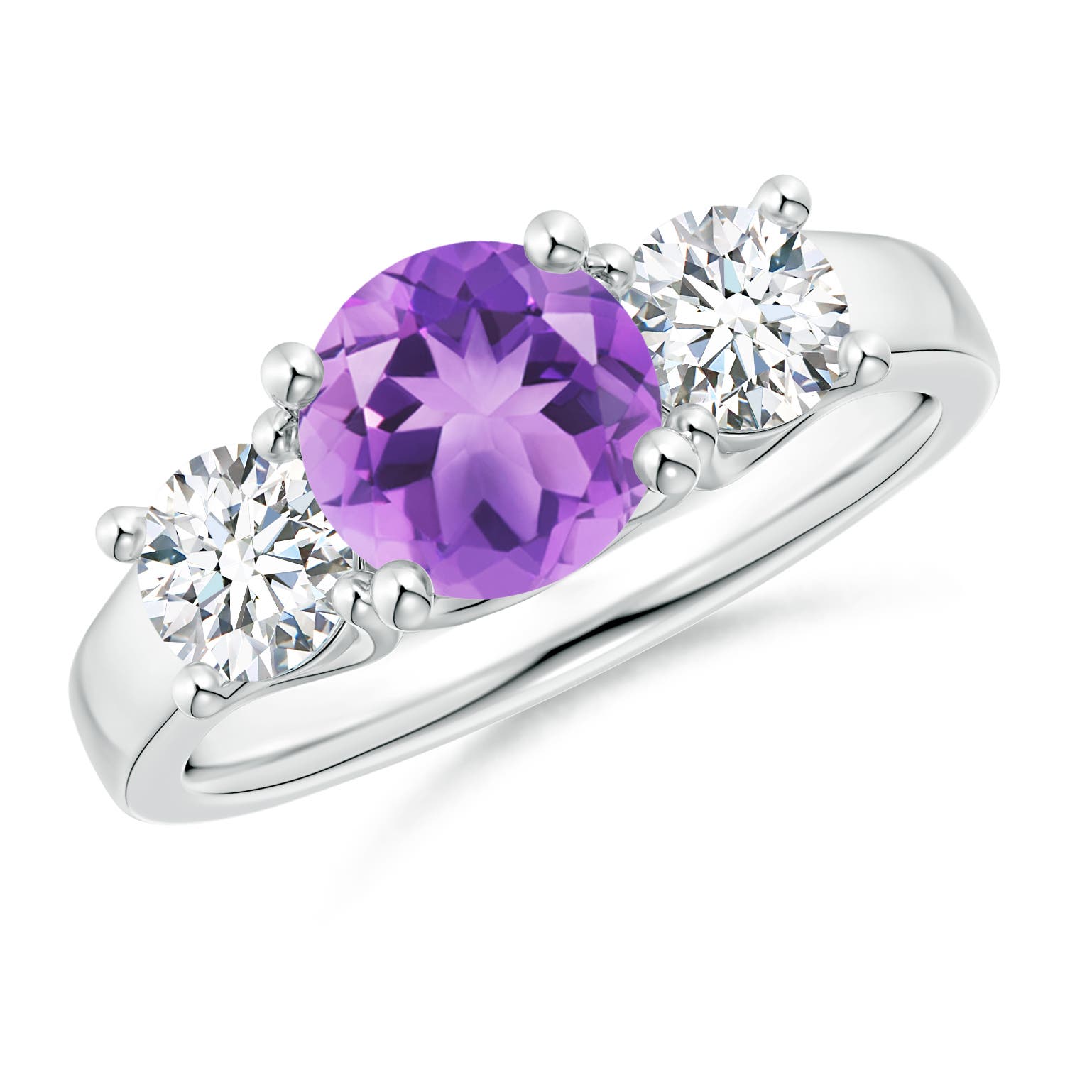 7mm A Classic Round Amethyst and Diamond Three Stone Ring in P950 Platinum