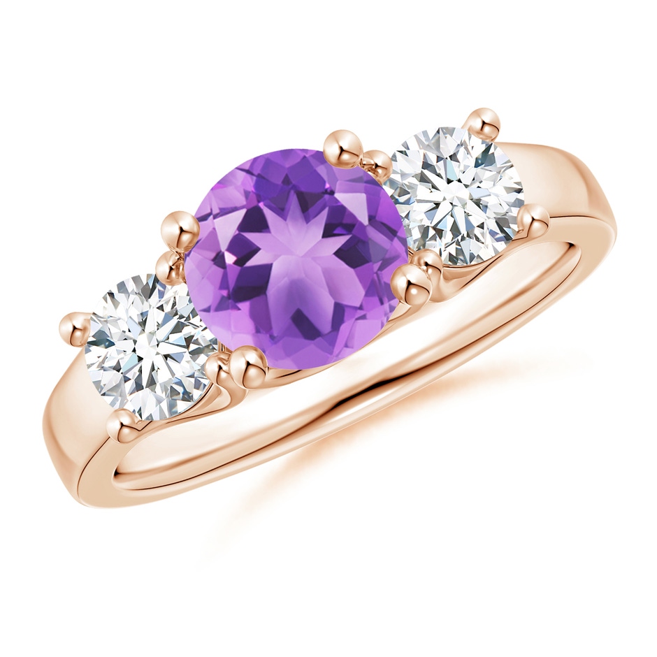 7mm A Classic Round Amethyst and Diamond Three Stone Ring in Rose Gold 