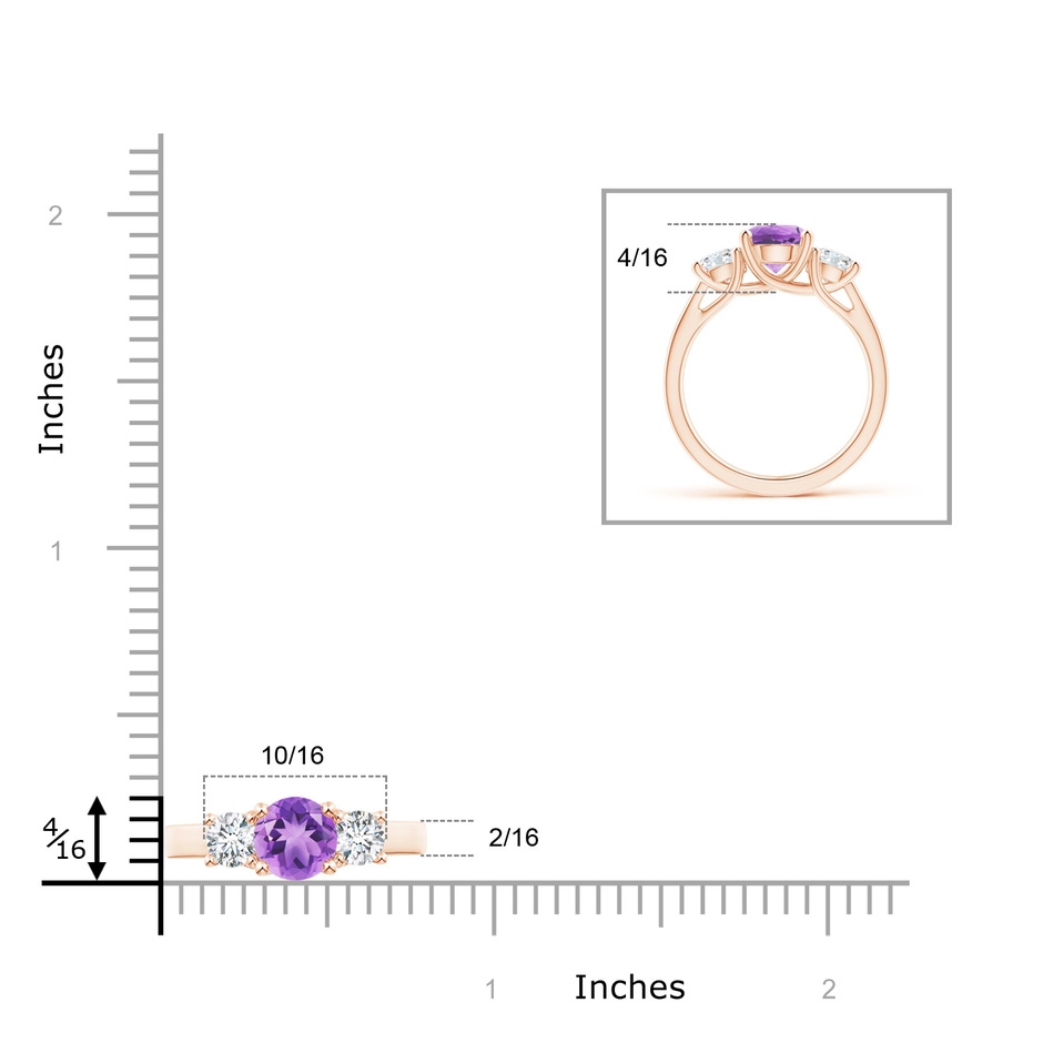 7mm A Classic Round Amethyst and Diamond Three Stone Ring in Rose Gold ruler