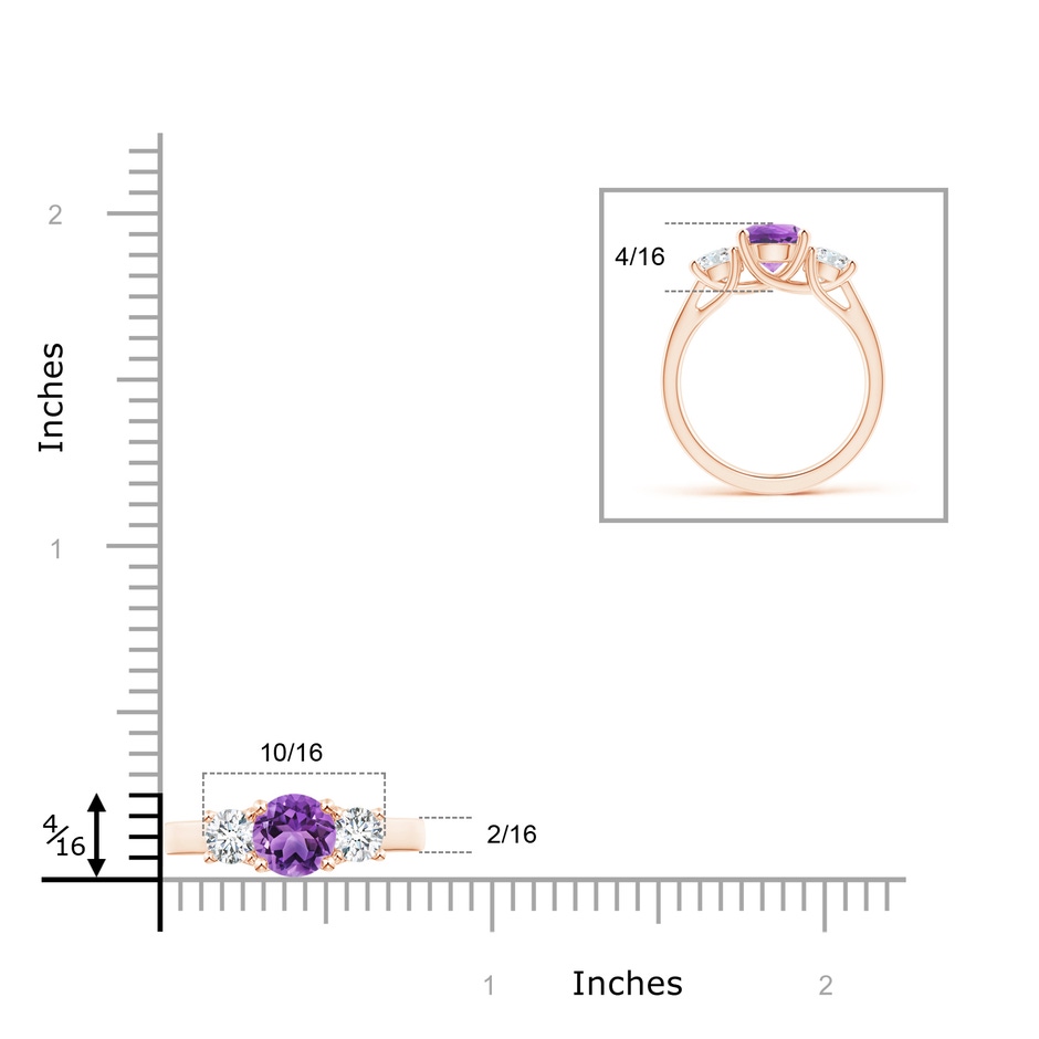 7mm AA Classic Round Amethyst and Diamond Three Stone Ring in Rose Gold ruler