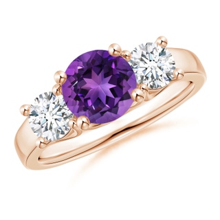 7mm AAAA Classic Round Amethyst and Diamond Three Stone Ring in 9K Rose Gold