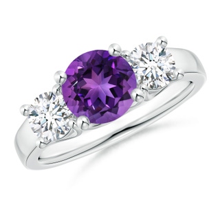 7mm AAAA Classic Round Amethyst and Diamond Three Stone Ring in White Gold