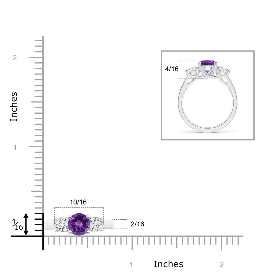 7mm AAAA Classic Round Amethyst and Diamond Three Stone Ring in White Gold ruler