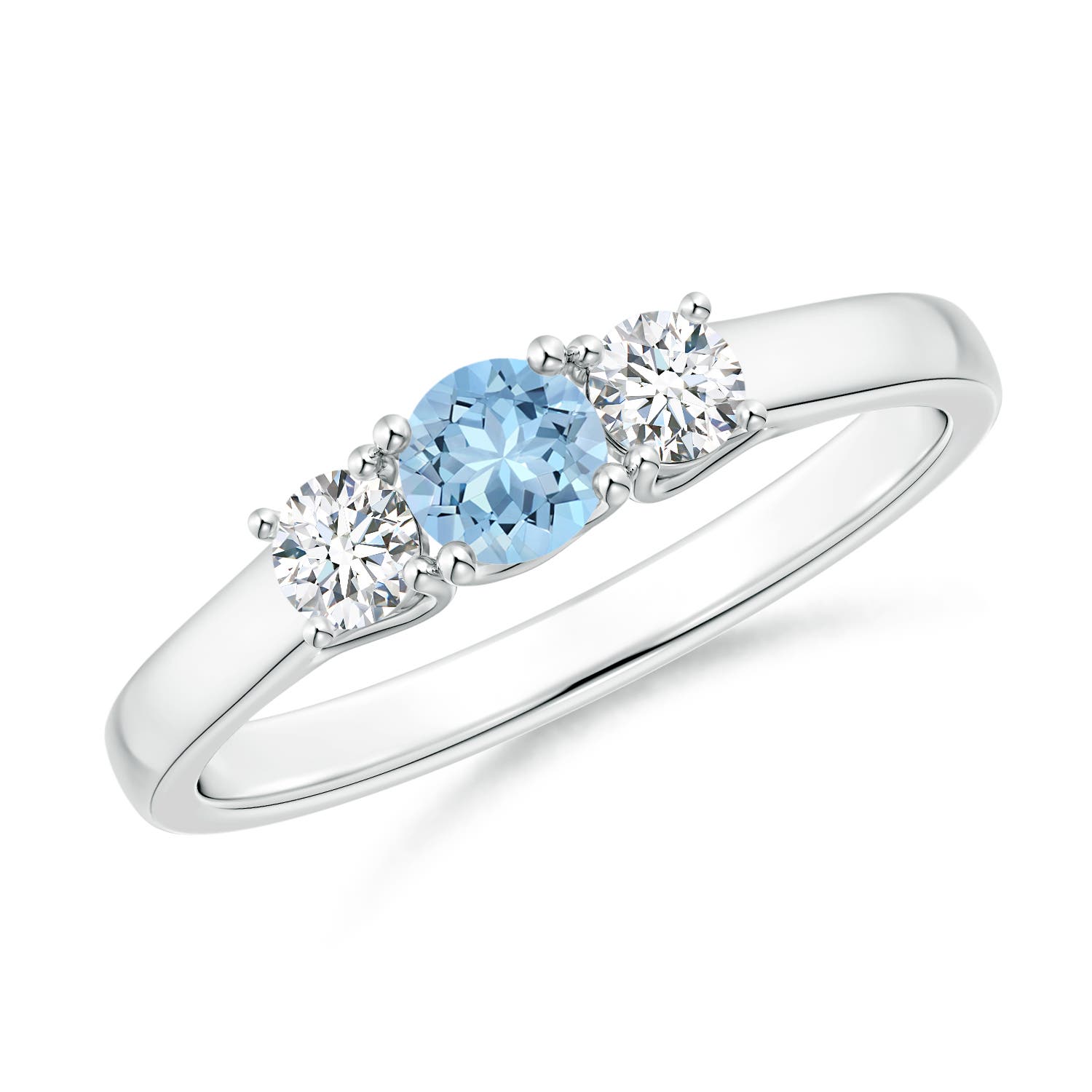 4mm AAA Classic Round Aquamarine and Diamond Three Stone Ring in P950 Platinum