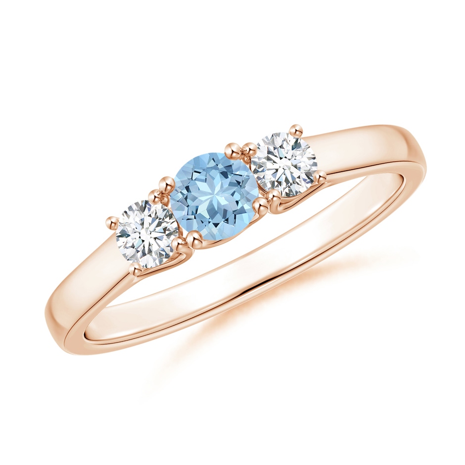 4mm AAA Classic Round Aquamarine and Diamond Three Stone Ring in Rose Gold 