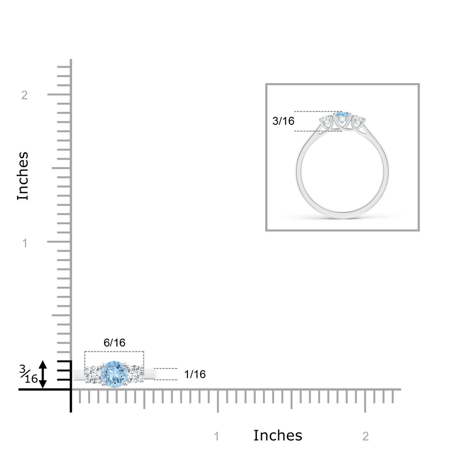 4mm AAA Classic Round Aquamarine and Diamond Three Stone Ring in White Gold ruler