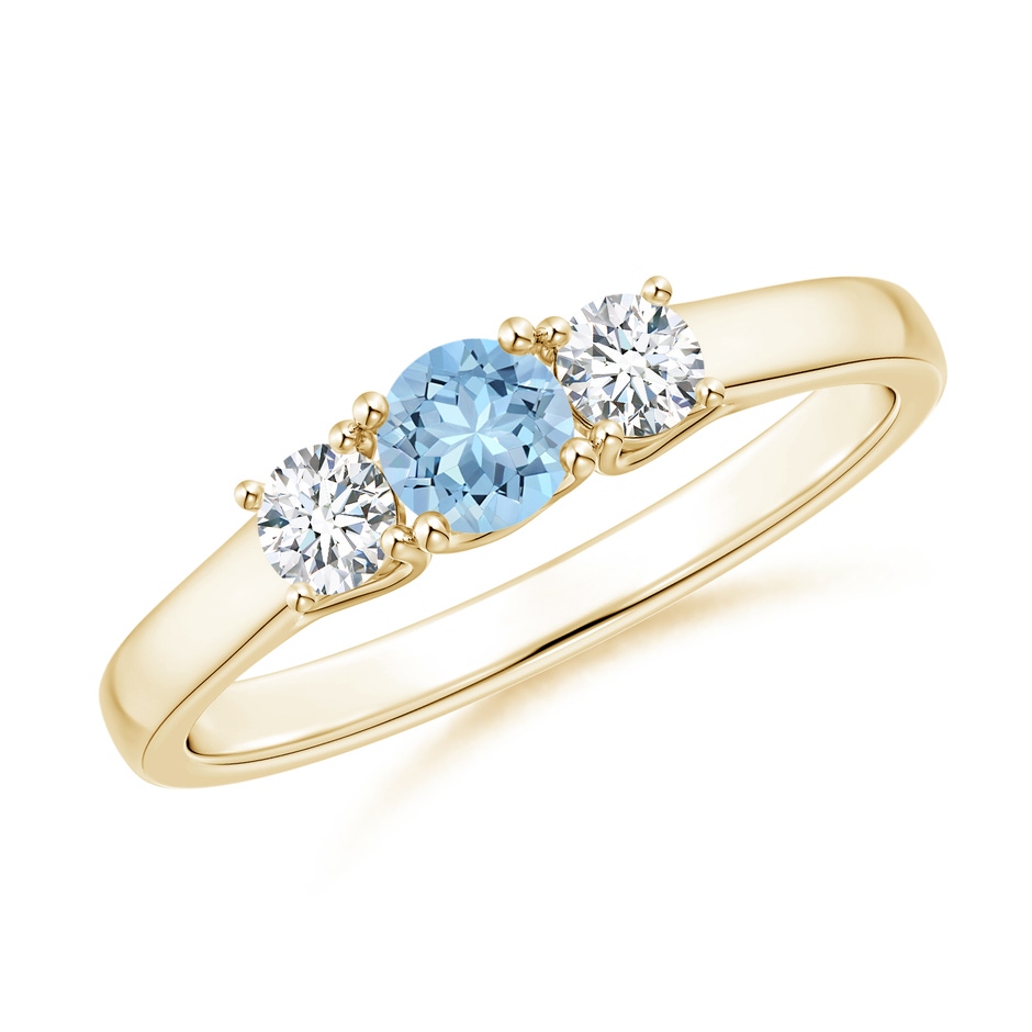 4mm AAA Classic Round Aquamarine and Diamond Three Stone Ring in Yellow Gold 