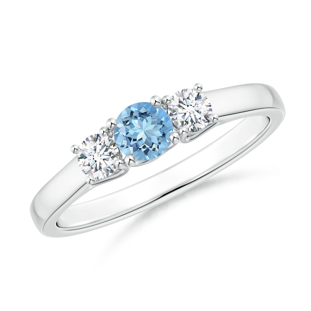 4mm AAAA Classic Round Aquamarine and Diamond Three Stone Ring in White Gold