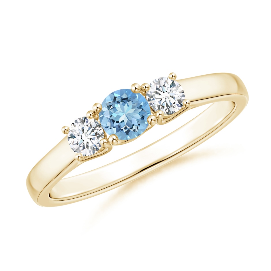 4mm AAAA Classic Round Aquamarine and Diamond Three Stone Ring in Yellow Gold 