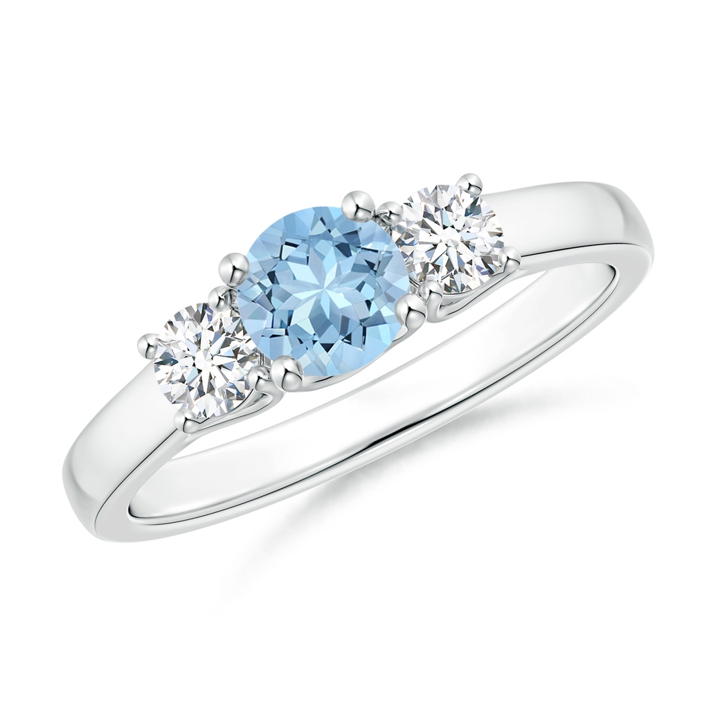 5mm AAA Classic Round Aquamarine and Diamond Three Stone Ring in White Gold