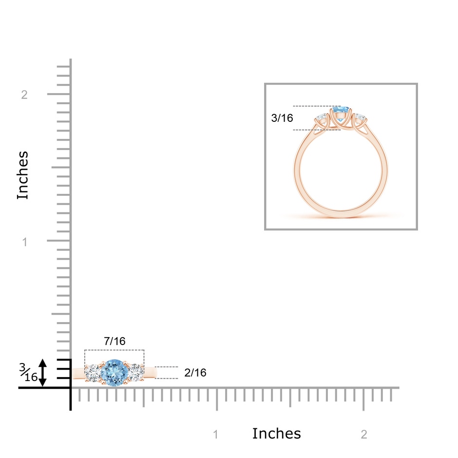 5mm AAAA Classic Round Aquamarine and Diamond Three Stone Ring in Rose Gold ruler