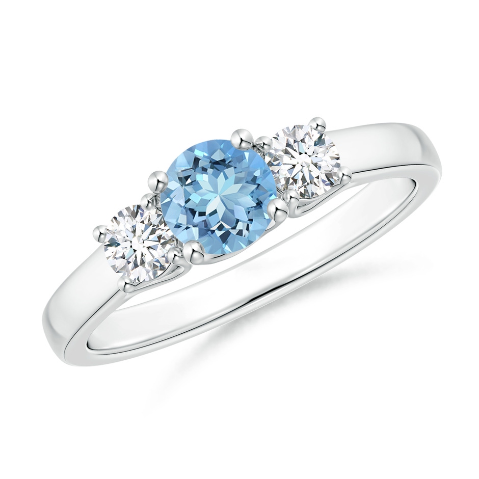 5mm AAAA Classic Round Aquamarine and Diamond Three Stone Ring in White Gold 