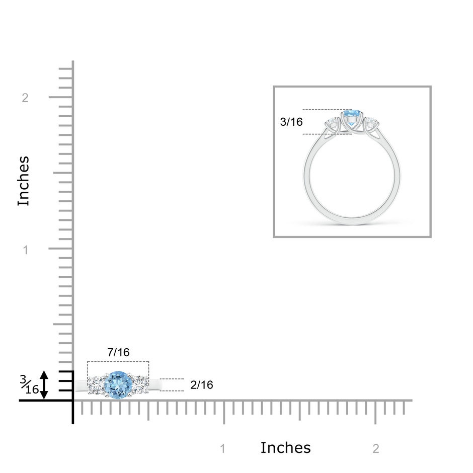 5mm AAAA Classic Round Aquamarine and Diamond Three Stone Ring in White Gold ruler