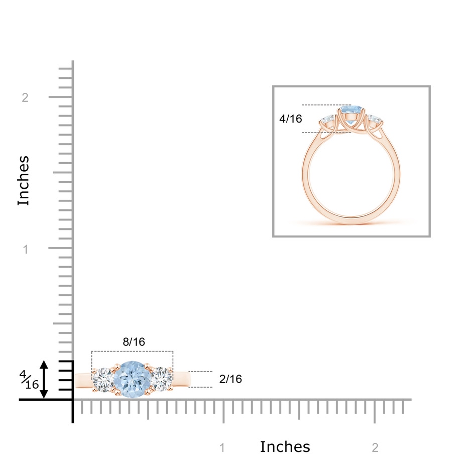 6mm AA Classic Round Aquamarine and Diamond Three Stone Ring in Rose Gold ruler
