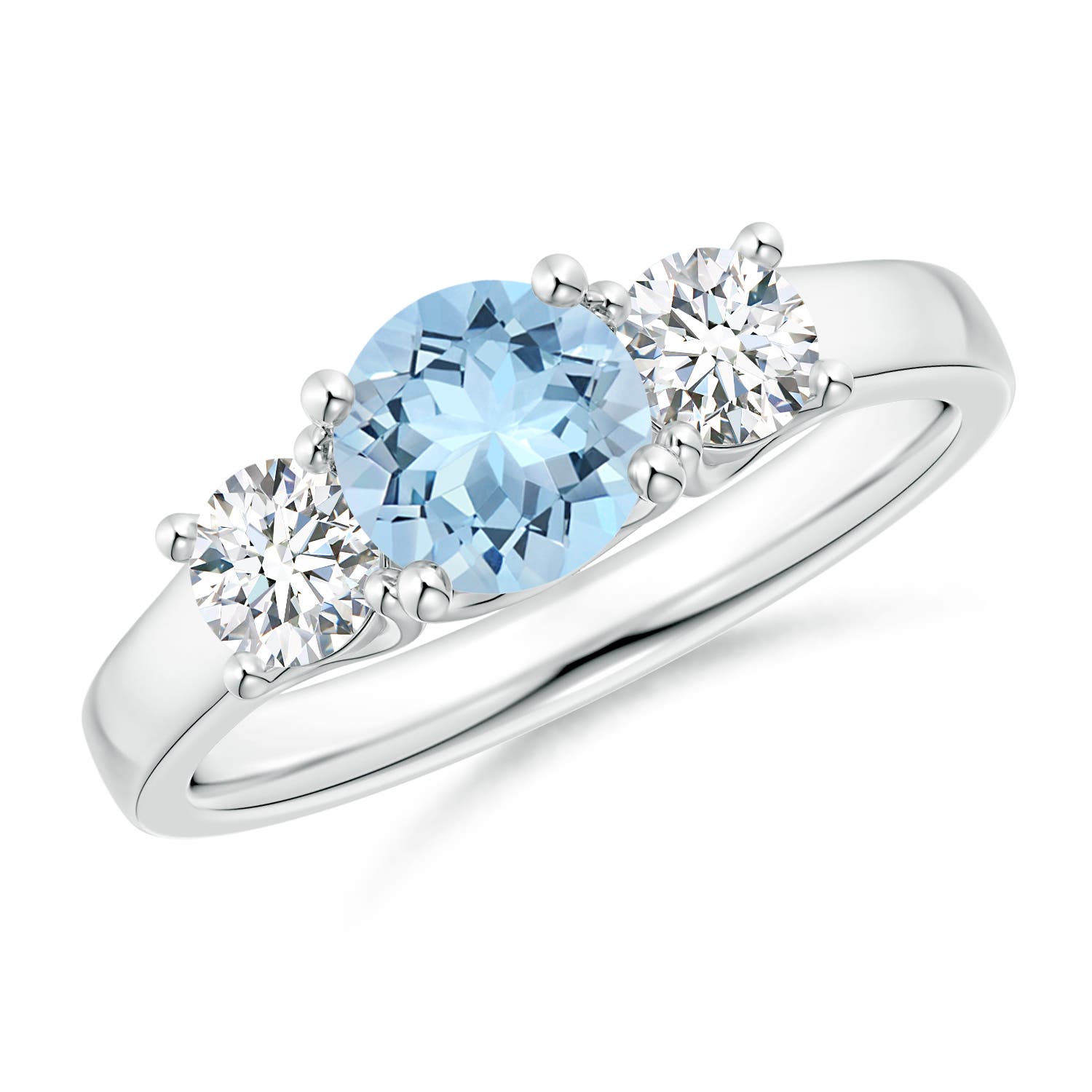 6mm AAA Classic Round Aquamarine and Diamond Three Stone Ring in White Gold