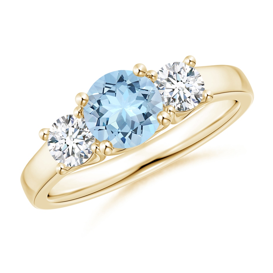 6mm AAA Classic Round Aquamarine and Diamond Three Stone Ring in Yellow Gold 