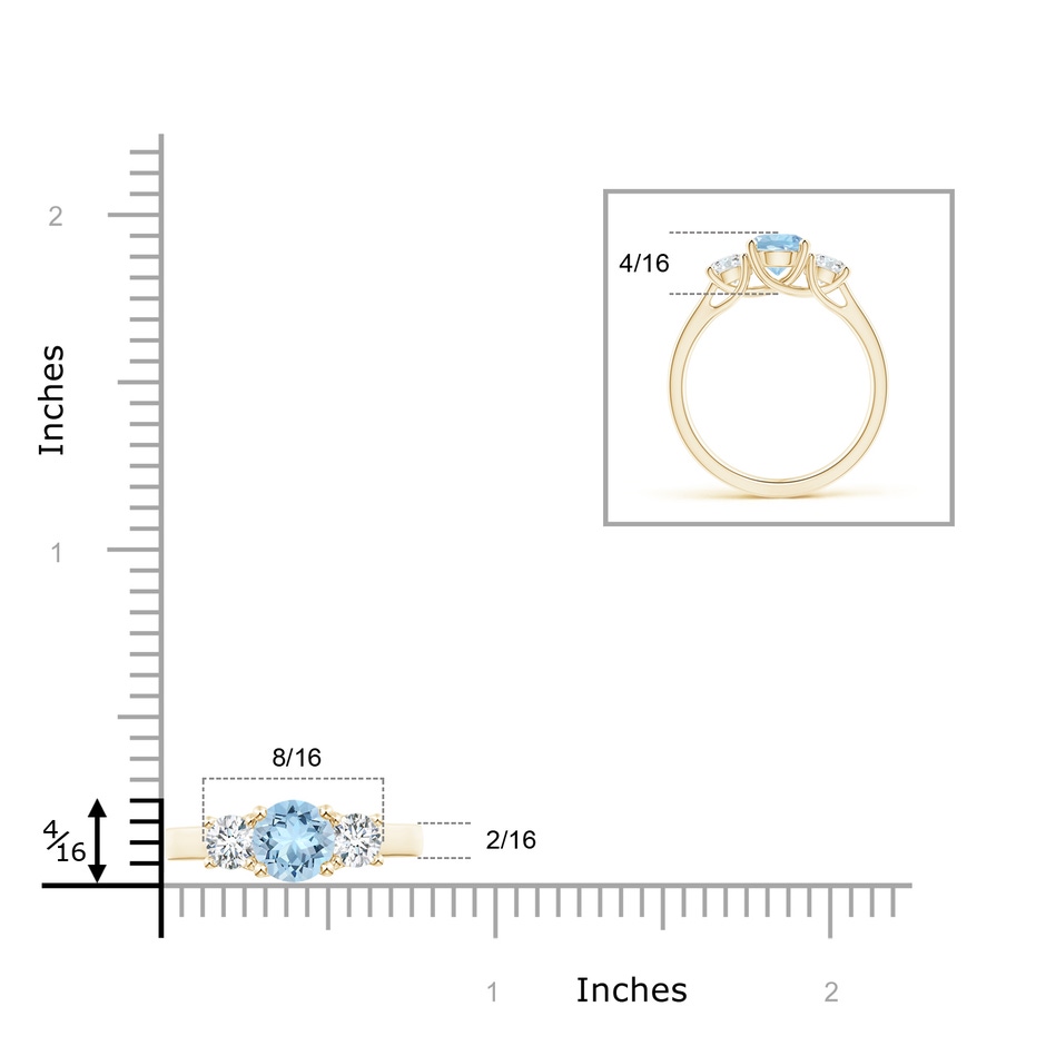 6mm AAA Classic Round Aquamarine and Diamond Three Stone Ring in Yellow Gold ruler
