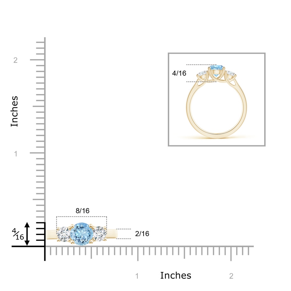 6mm AAAA Classic Round Aquamarine and Diamond Three Stone Ring in Yellow Gold ruler