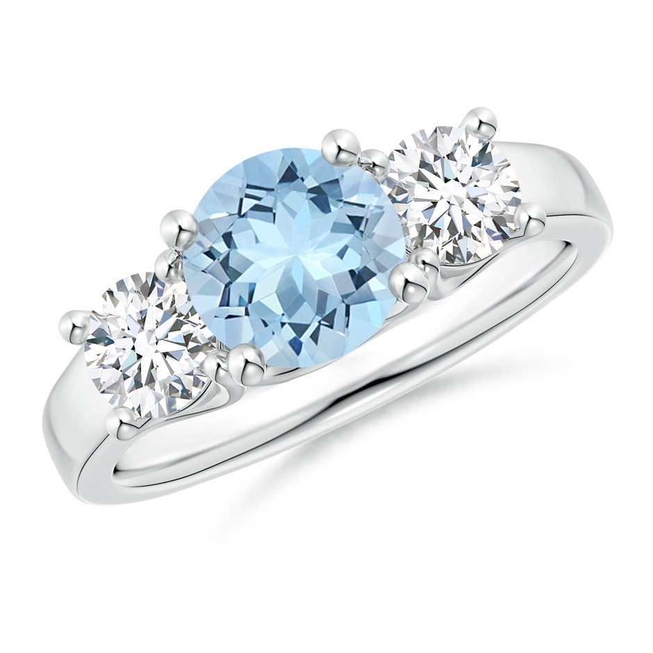 7mm AAA Classic Round Aquamarine and Diamond Three Stone Ring in White Gold 