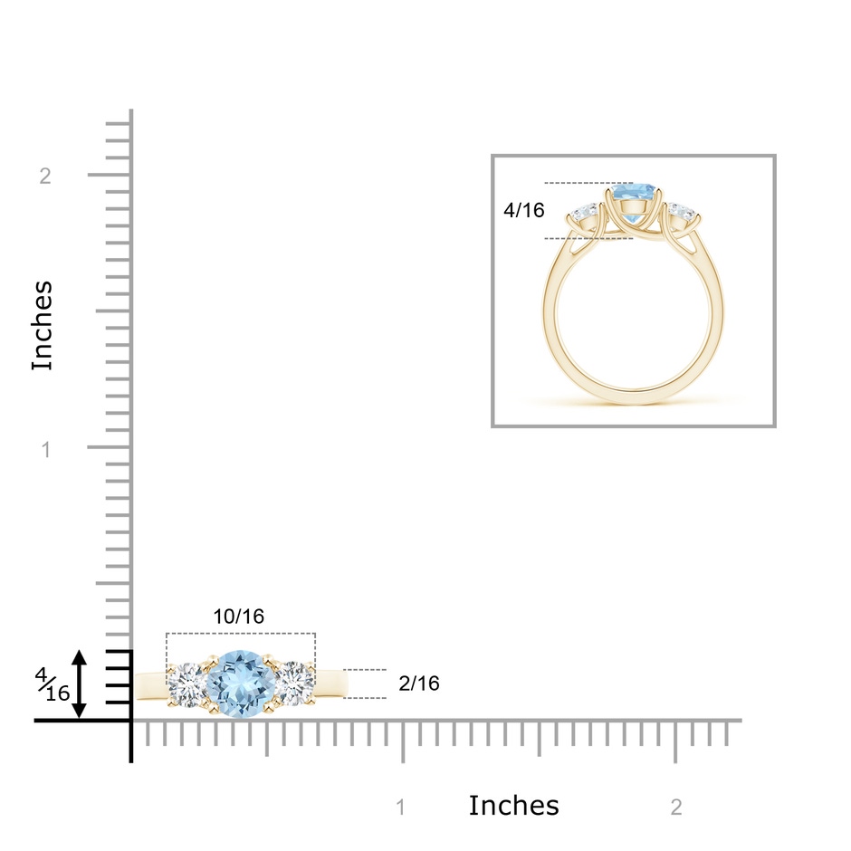 7mm AAA Classic Round Aquamarine and Diamond Three Stone Ring in Yellow Gold ruler