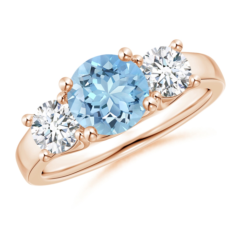 7mm AAAA Classic Round Aquamarine and Diamond Three Stone Ring in Rose Gold 
