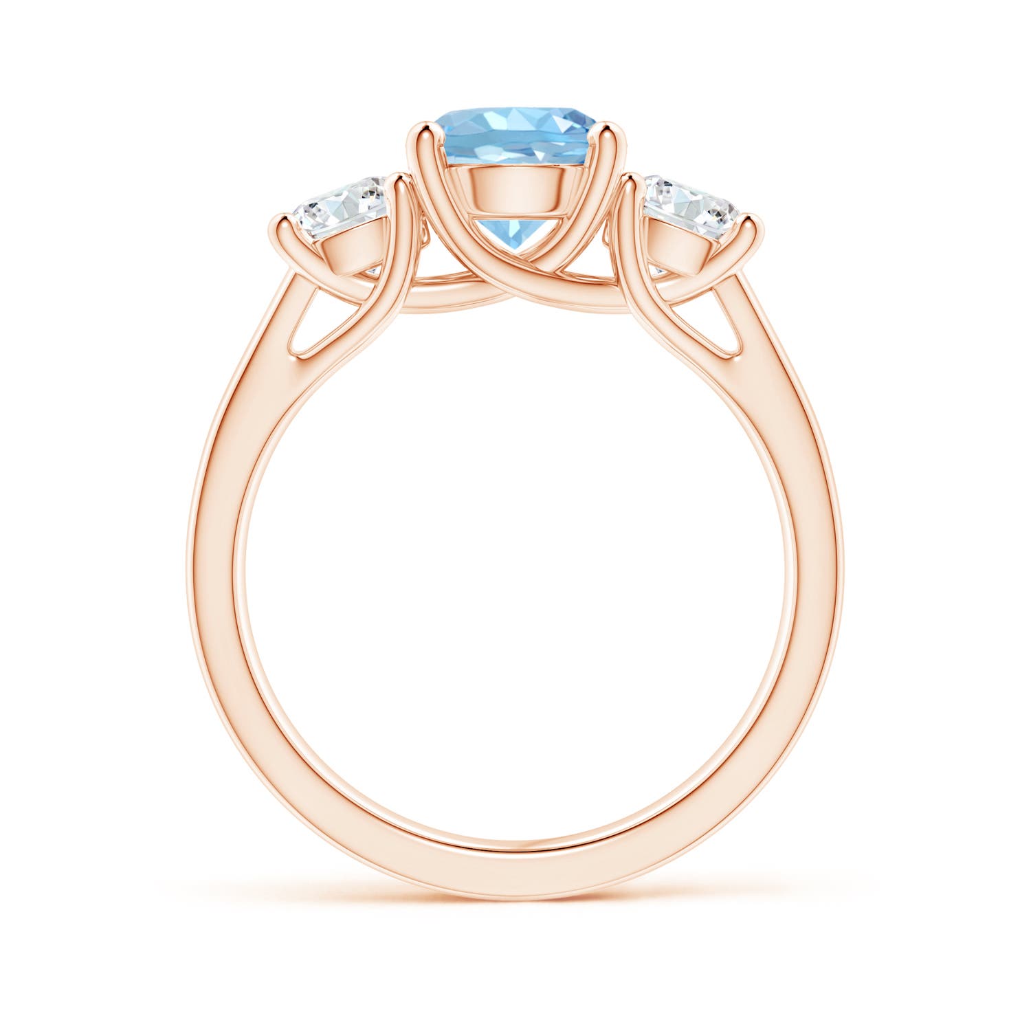 7mm AAAA Classic Round Aquamarine and Diamond Three Stone Ring in Rose Gold