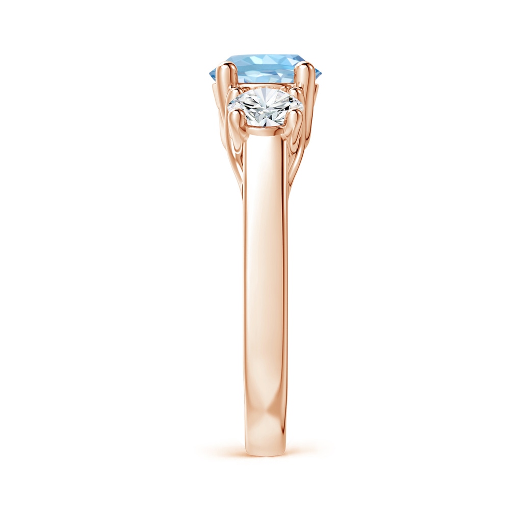 7mm AAAA Classic Round Aquamarine and Diamond Three Stone Ring in Rose Gold Side-2