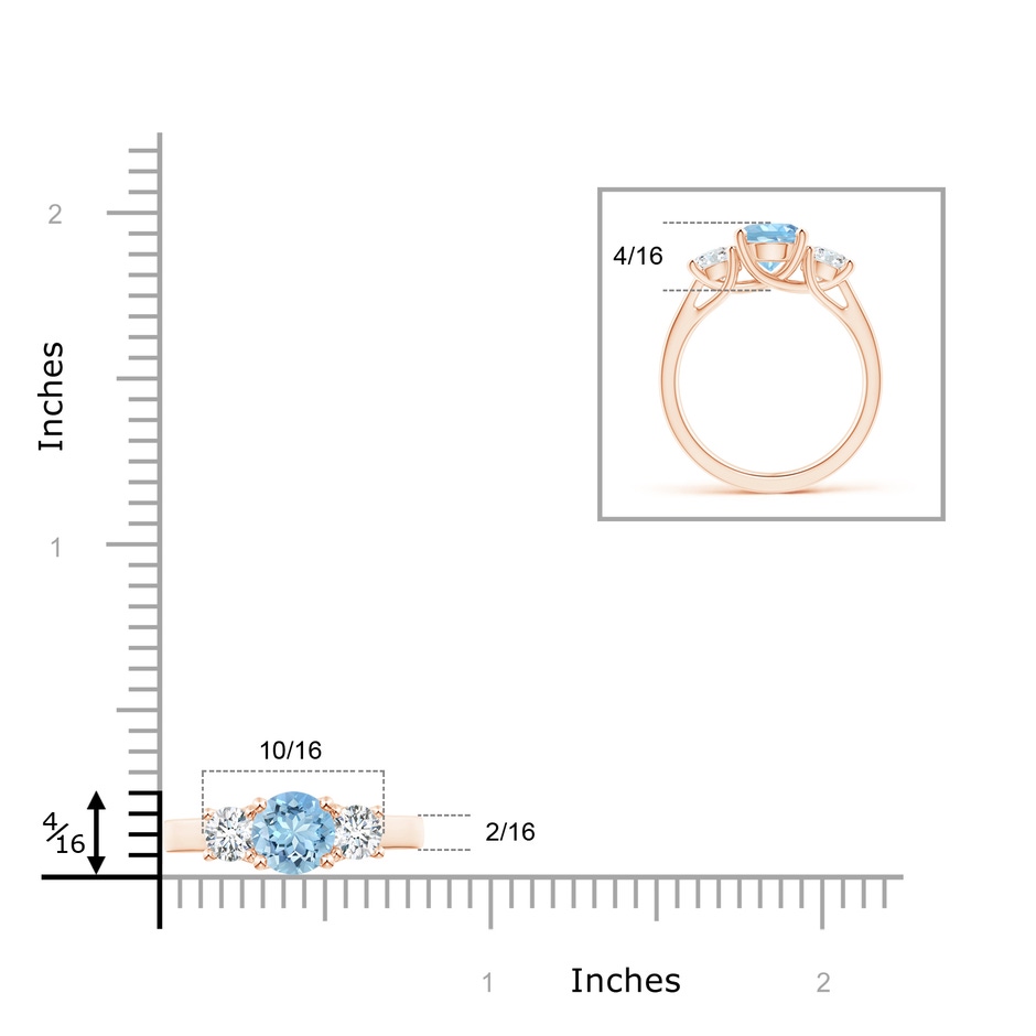 7mm AAAA Classic Round Aquamarine and Diamond Three Stone Ring in Rose Gold ruler