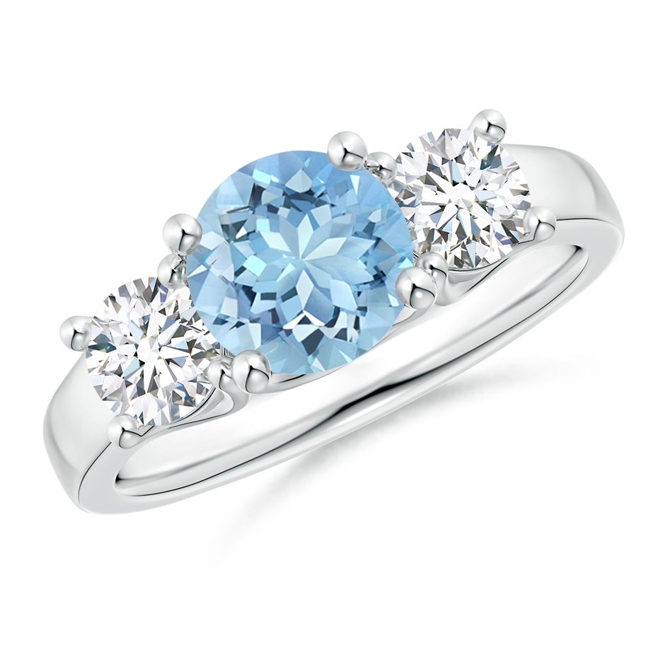 7mm AAAA Classic Round Aquamarine and Diamond Three Stone Ring in White Gold 