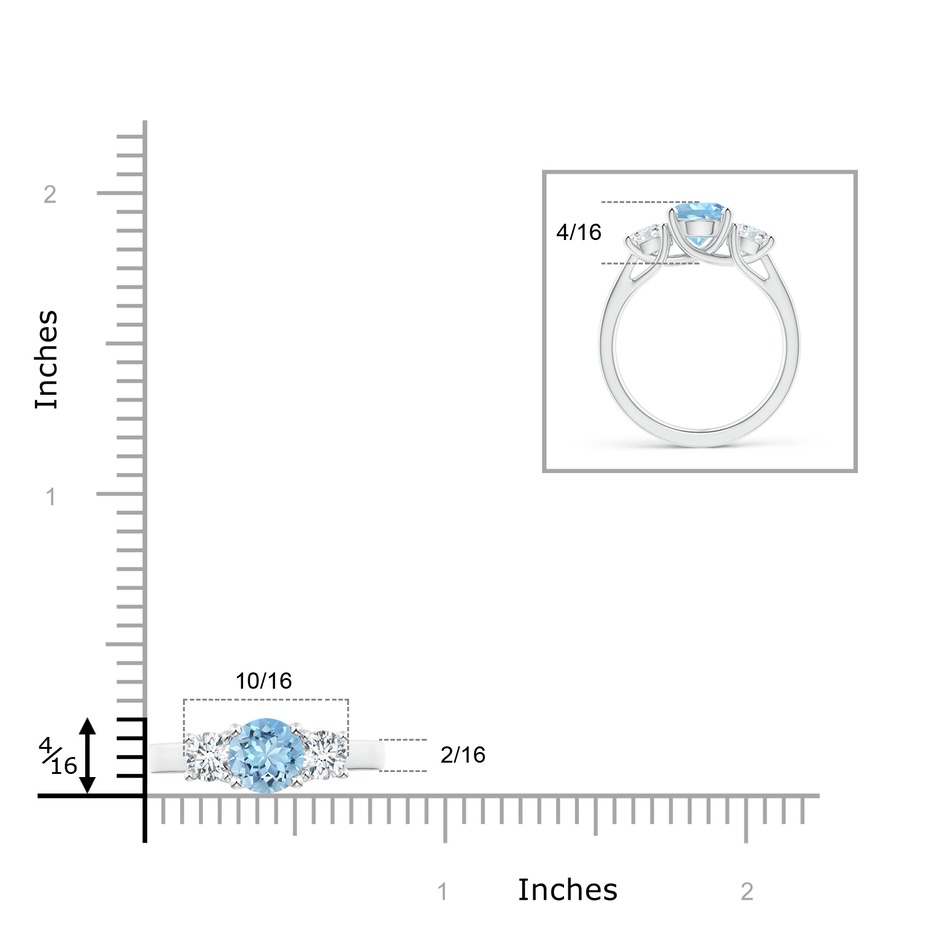 7mm AAAA Classic Round Aquamarine and Diamond Three Stone Ring in White Gold ruler