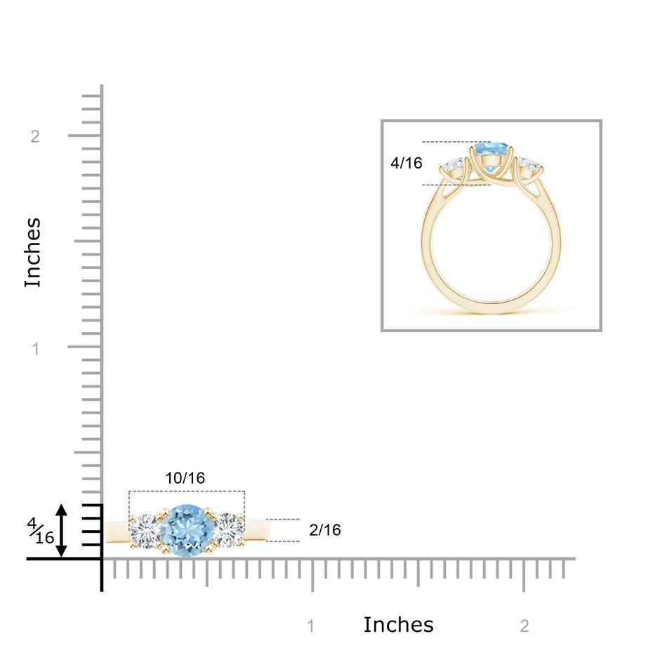 7mm AAAA Classic Round Aquamarine and Diamond Three Stone Ring in Yellow Gold ruler