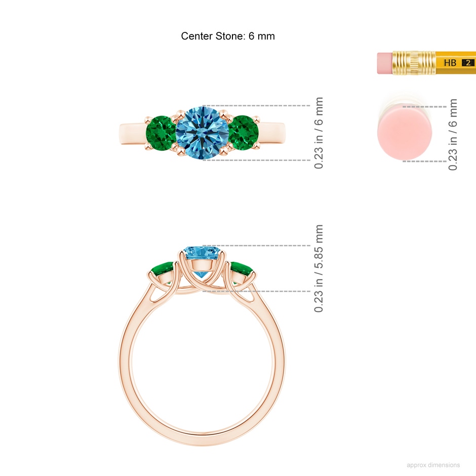 6mm AAAA Classic Round Fancy Intense Blue Diamond Three Stone Ring in Rose Gold ruler