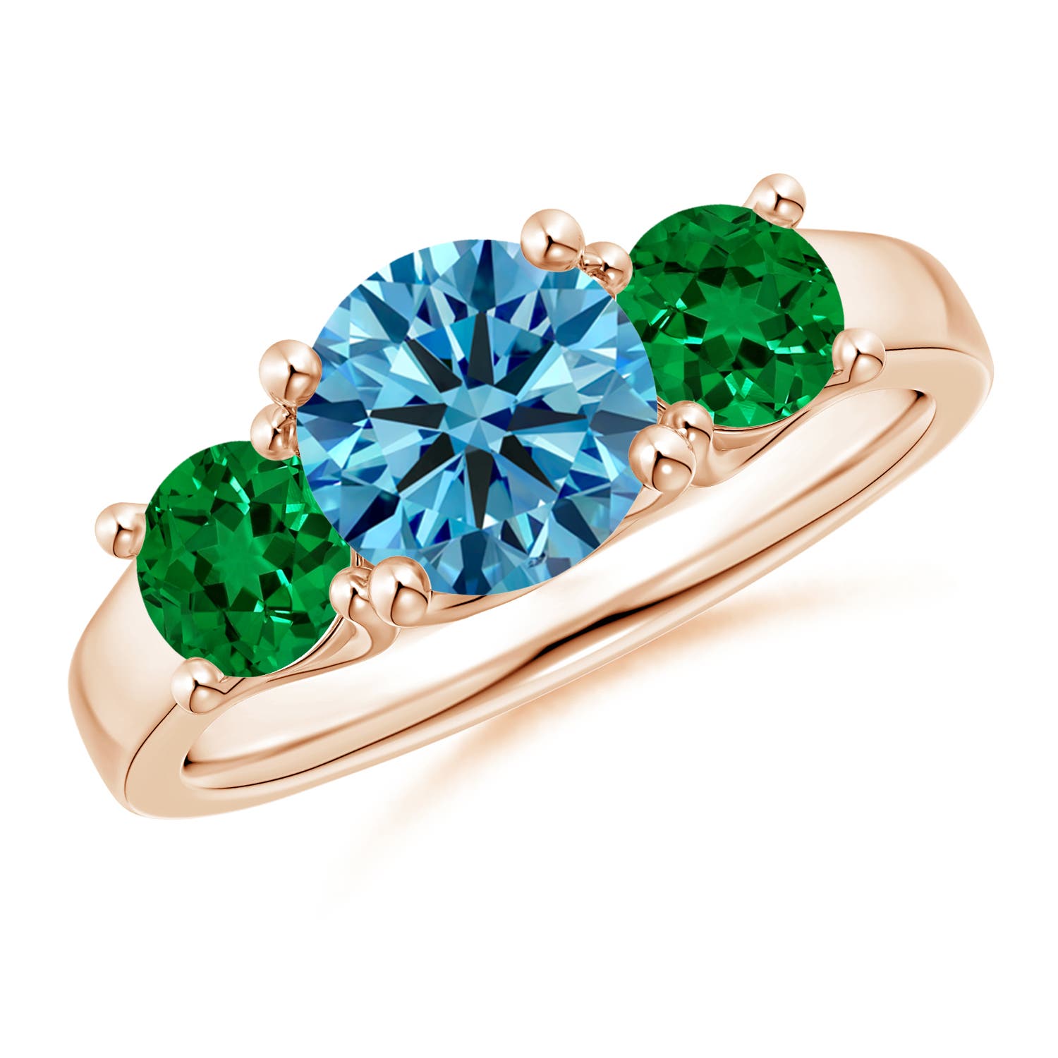 Angara 1.95 CTW Classic Round Fancy Intense Blue Diamond Three Stone Ring in 18K Rose Gold