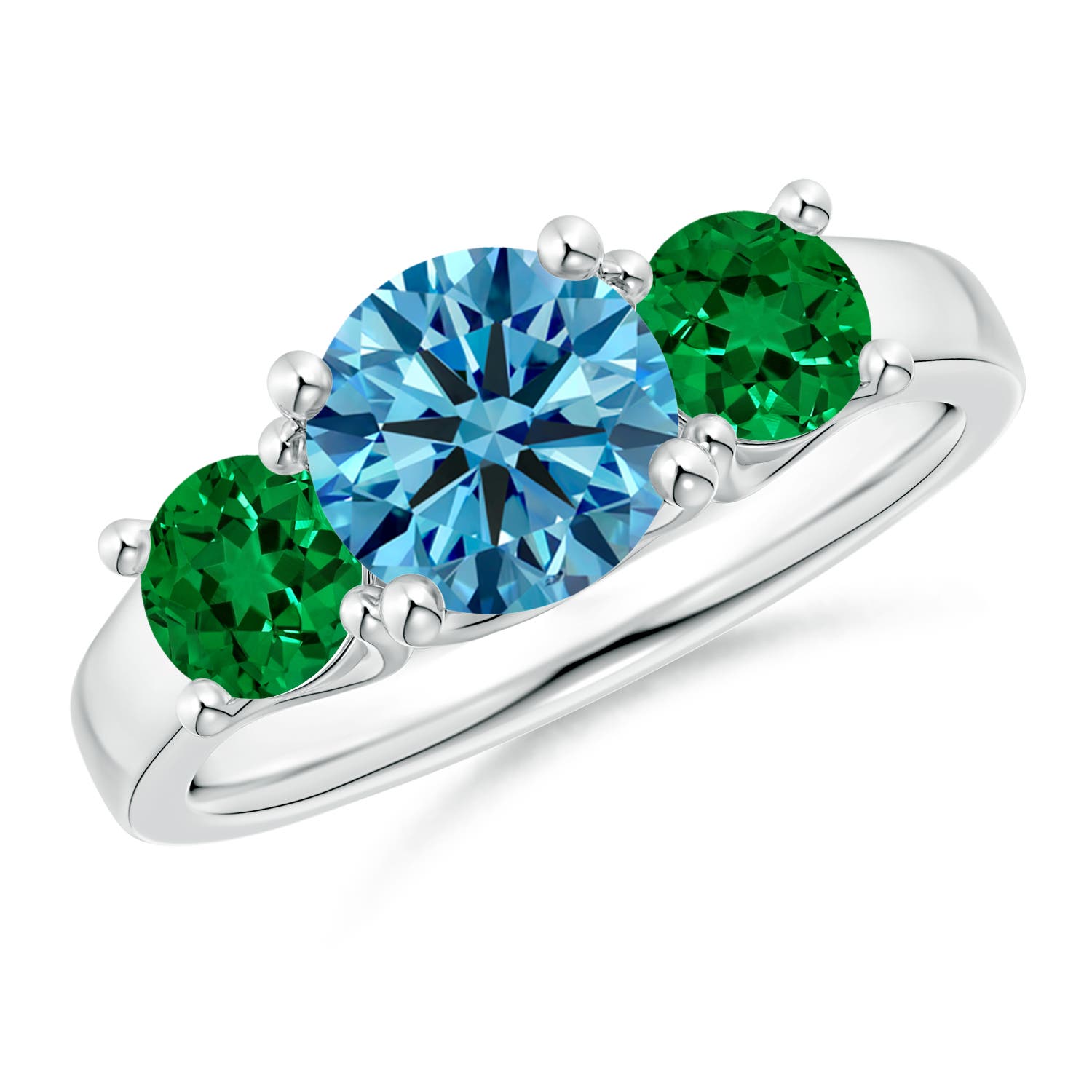 Angara 1.95 CTW Classic Round Fancy Intense Blue Diamond Three Stone Ring in 14K White Gold