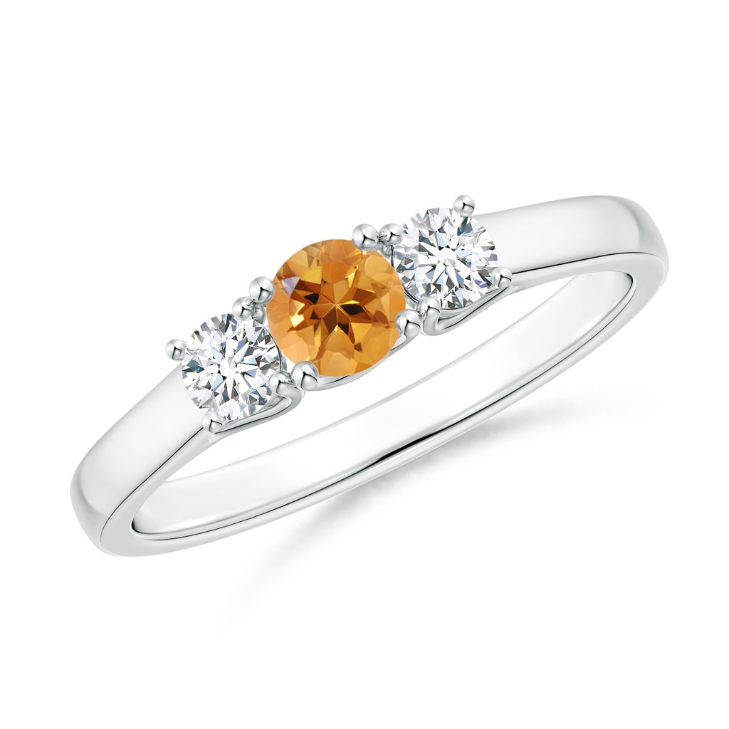 4mm AA Classic Round Citrine and Diamond Three Stone Ring in White Gold