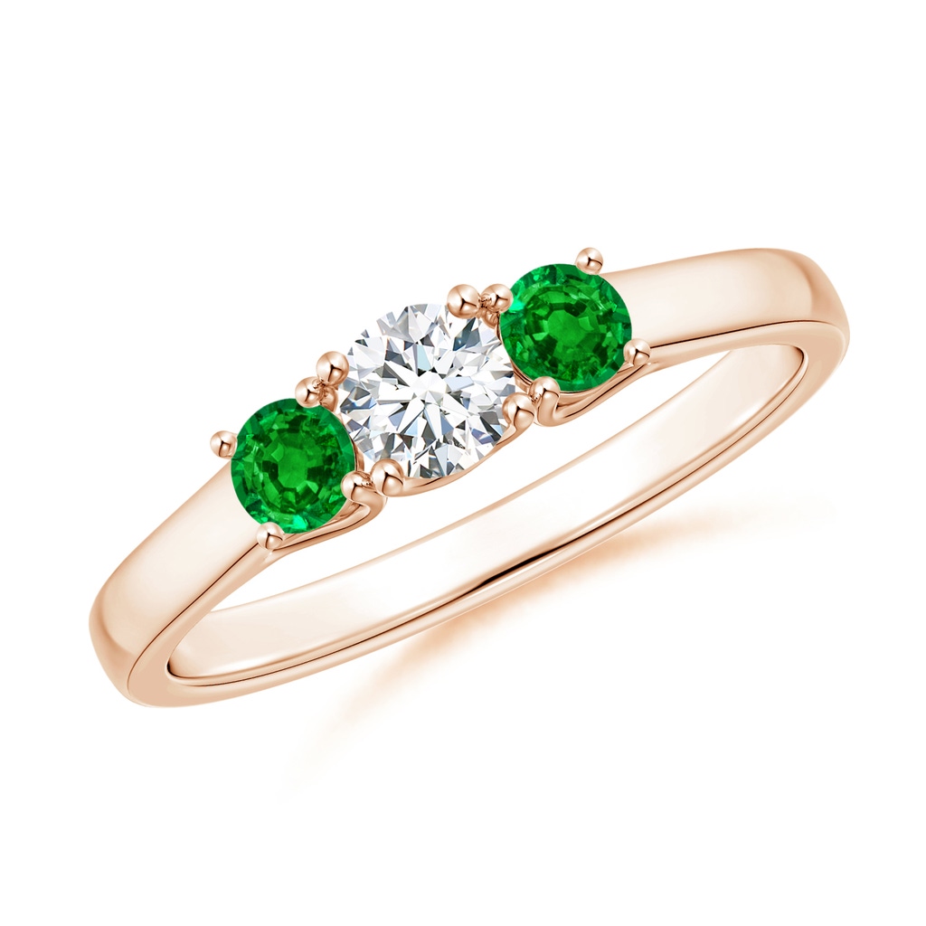 4mm GVS2 Classic Round Diamond and Emerald Three Stone Ring in 10K Rose Gold