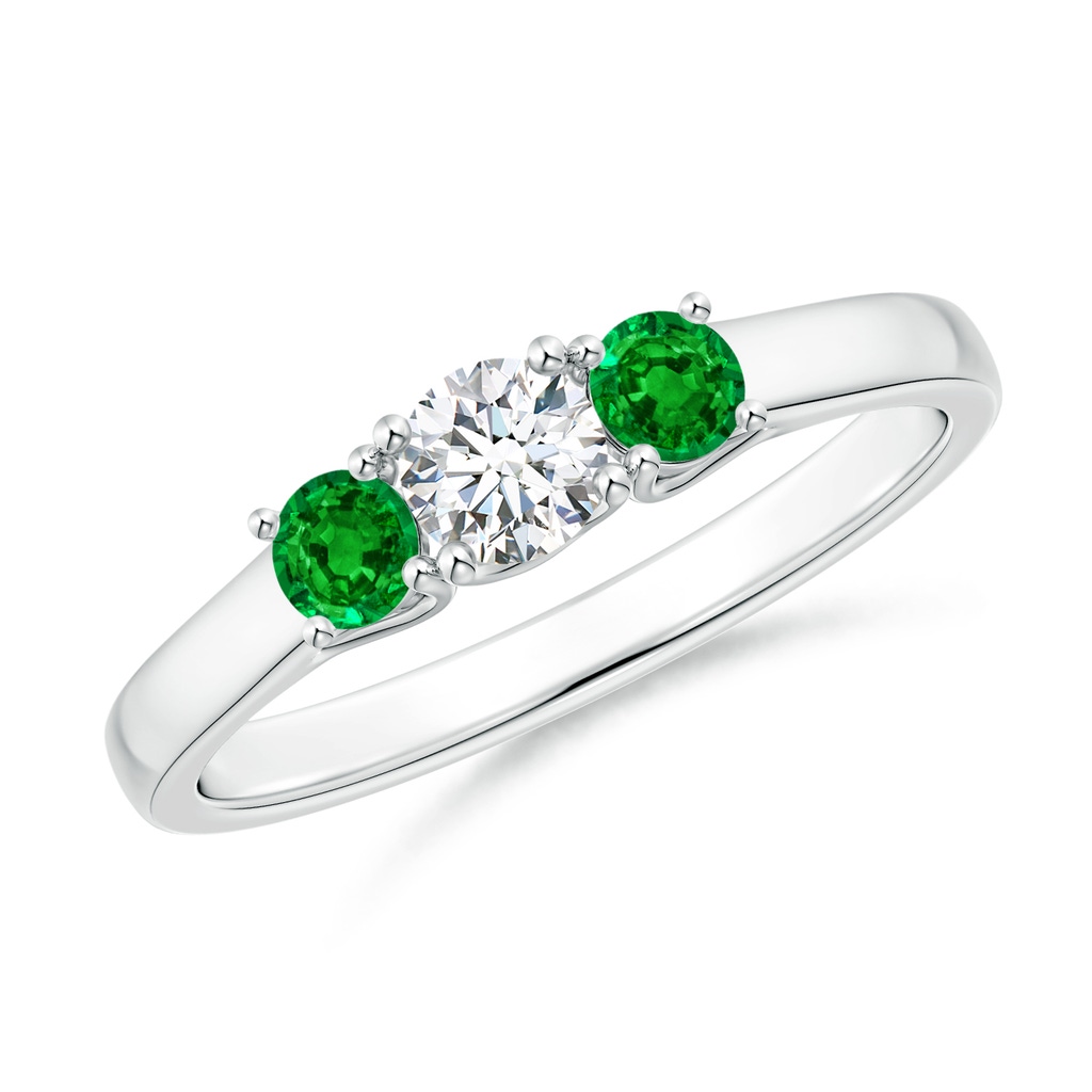 4mm GVS2 Classic Round Diamond and Emerald Three Stone Ring in P950 Platinum