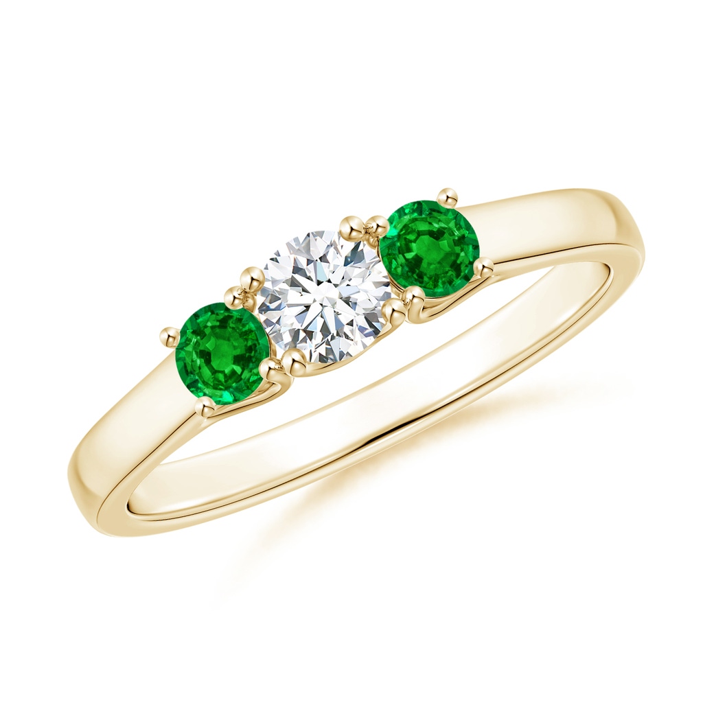 4mm GVS2 Classic Round Diamond and Emerald Three Stone Ring in Yellow Gold