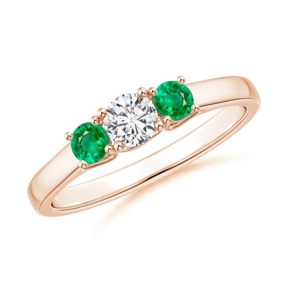 4mm HSI2 Classic Round Diamond and Emerald Three Stone Ring in 9K Rose Gold 