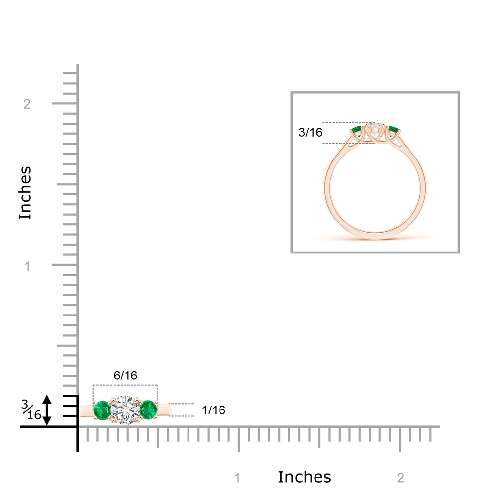4mm HSI2 Classic Round Diamond and Emerald Three Stone Ring in Rose Gold Ruler