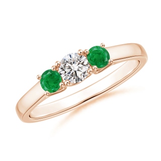 4mm IJI1I2 Classic Round Diamond and Emerald Three Stone Ring in Rose Gold