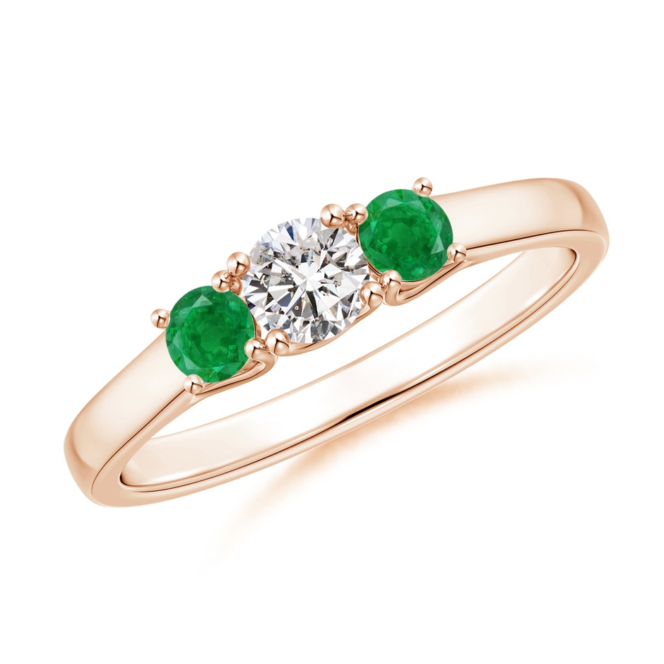 4mm IJI1I2 Classic Round Diamond and Emerald Three Stone Ring in Rose Gold 