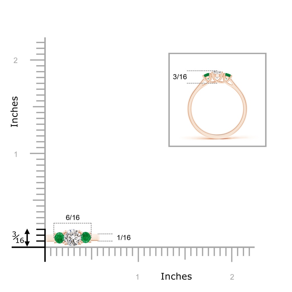 4mm IJI1I2 Classic Round Diamond and Emerald Three Stone Ring in Rose Gold Ruler