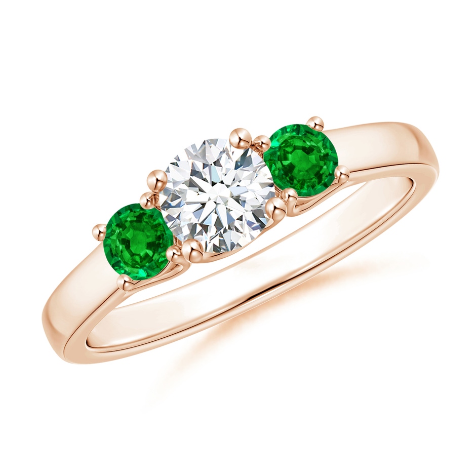 5mm GVS2 Classic Round Diamond and Emerald Three Stone Ring in Rose Gold 