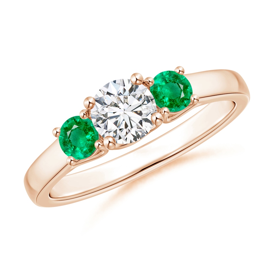 5mm HSI2 Classic Round Diamond and Emerald Three Stone Ring in Rose Gold 